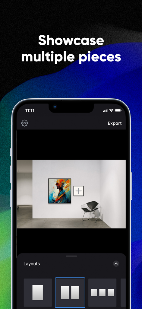 Smartist: Art Preview on Wall - Smartist app interface showing multiple art pieces on a gallery wall with different layout options