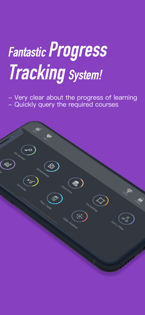 office interactive tutorials - A mobile interface showing progress tracking for various office software courses like formulas and pivot tables.