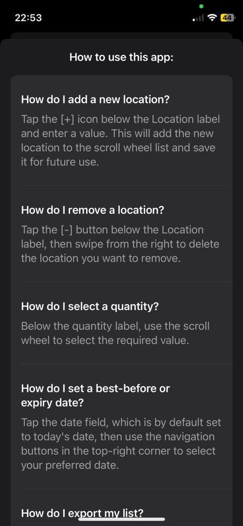 LogiScan - LogiScan 도움말 화면이 위치 추가, 수량 선택, 만료일 설정 방법에 대한 지침을 보여줌