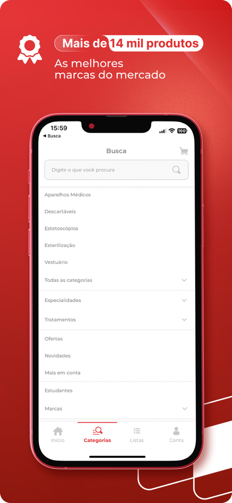 Search screen of the Utilidades Clinicas app displaying various medical product categories and a search bar