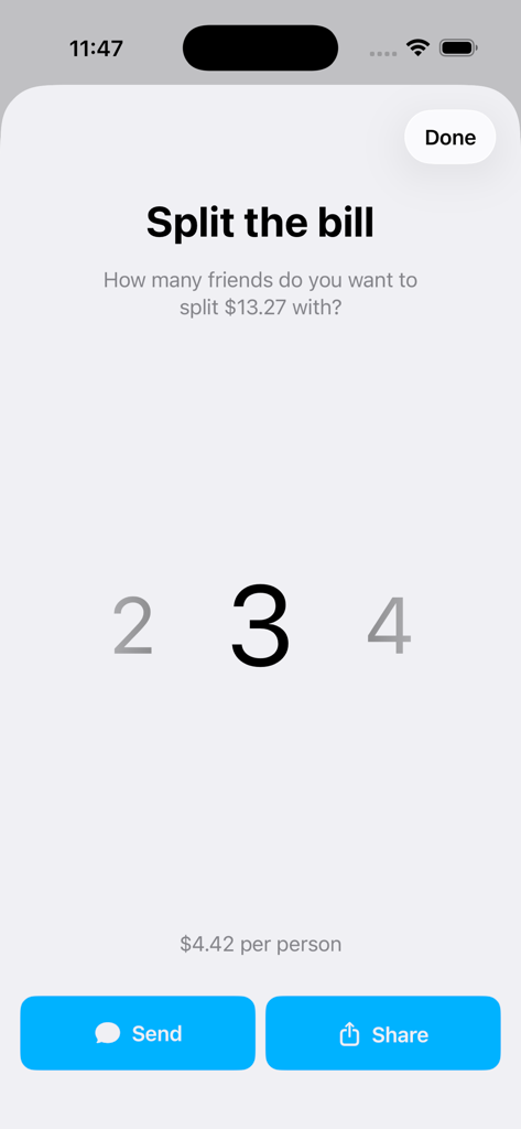 Tip — Gratuity Calculator - Interfaz de la aplicación Tip mostrando cómo dividir una cuenta entre tres personas