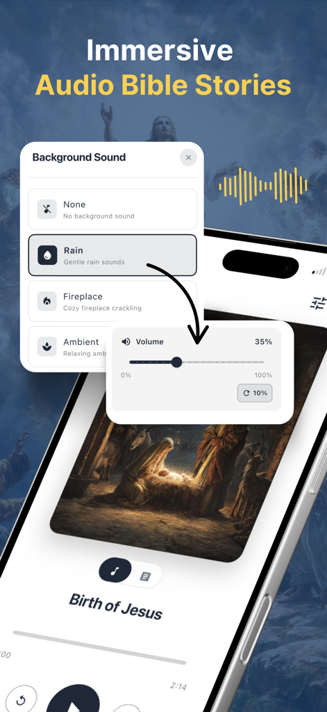 Audio Bible Stories & Chat - Interface of the BibleNow app showing audio Bible stories with adjustable background sounds like rain and fireplace.