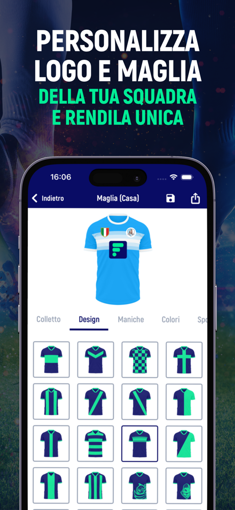 Interfaccia dell'app FantaMaster che mostra vari design di maglie da calcio e opzioni di personalizzazione per il kit della squadra fantasy
