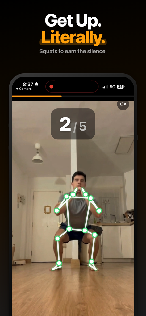 WakeNow: Loud Alarm Clock - A person performing squats tracked by the app to silence the WakeNow alarm clock