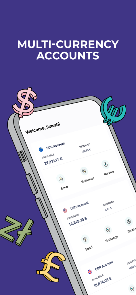 Bankera – Mobile Banking - Bankera mobile app dashboard showing EUR USD and GBP accounts with available balances