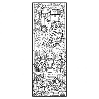 Discover a delightful scene of busy service robots performing everyday tasks, all meticulously designed into a charming bookmark. This unique coloring page offers an engaging way to combine your love for robotics with the joy of reading.