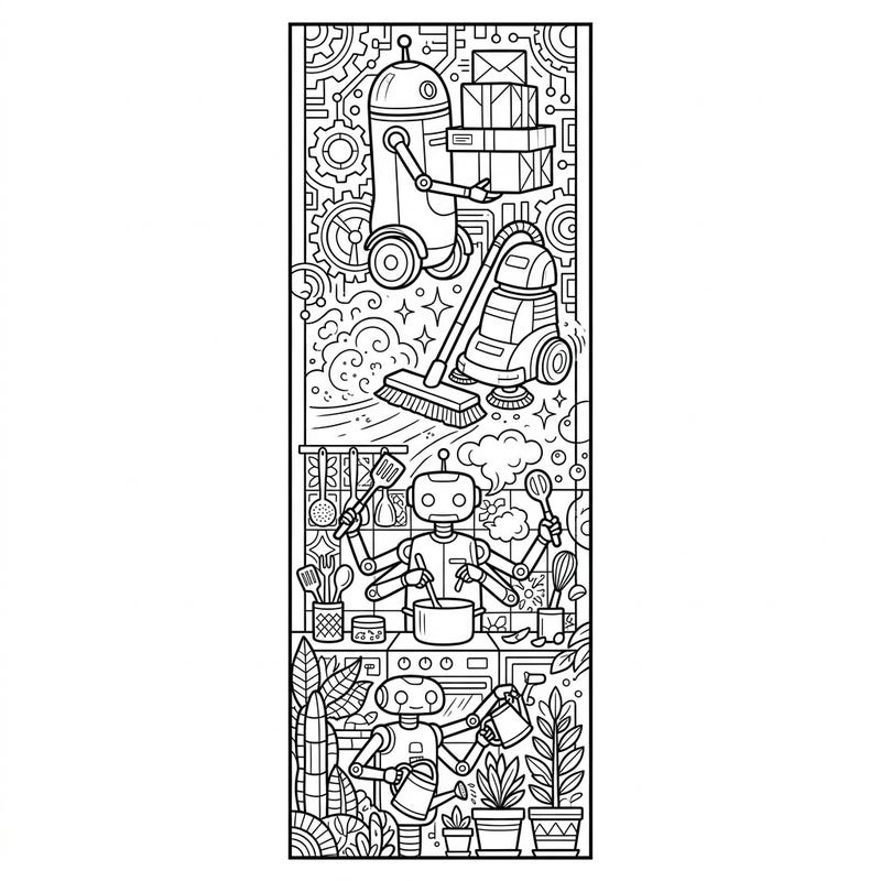 Discover a delightful scene of busy service robots performing everyday tasks, all meticulously designed into a charming bookmark. This unique coloring page offers an engaging way to combine your love for robotics with the joy of reading.