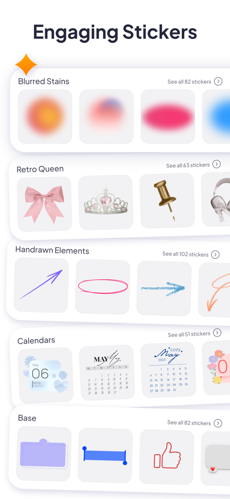 A showcase of aesthetic sticker collections in the Loomy app including blurred stains, retro elements, and hand-drawn graphics.