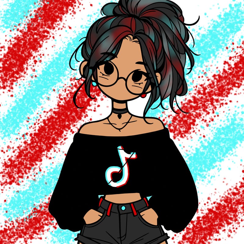 girl with a messy ponytail glasses a baggy crop top and jean shorts