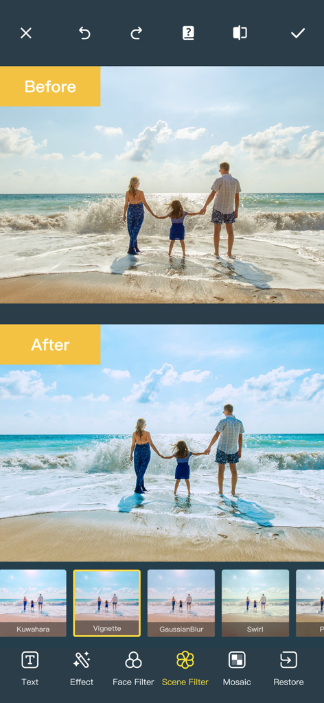 Comparación de antes y después de una foto familiar en la playa con un filtro de escena aplicado en la aplicación