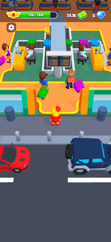 Top down view of passengers and staff at an airport check in counter in Airport Idle