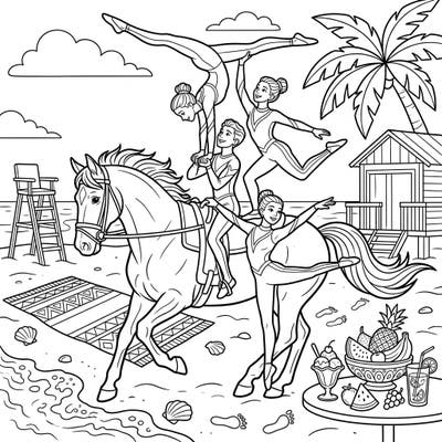 Experience the exhilarating energy of vaulting athletes performing incredible acrobatics on a cantering horse, all against a vibrant summer beach backdrop. This unique coloring page invites you to bring this dynamic scene to life with your favorite colors.