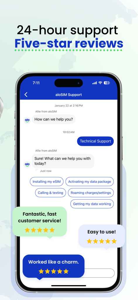 aloSIM: 5G Prepaid Travel eSIM - Interfaccia dell'app aloSIM che mostra la chat di supporto clienti 24 ore su 24 e recensioni degli utenti a 5 stelle