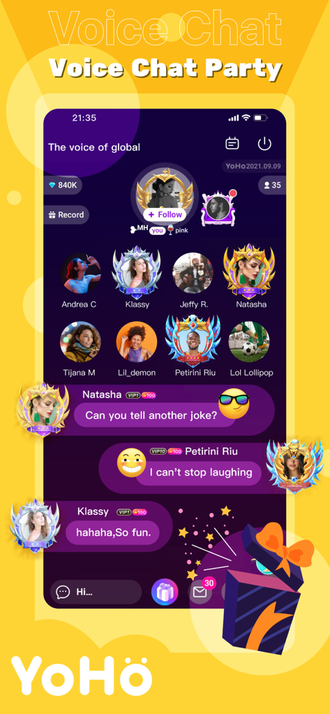 YoHo - Group Voice Chat - Interfaccia dell'app YoHo che mostra una vivace stanza di chat vocale di gruppo con avatar degli utenti e messaggi interattivi