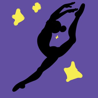 gymnast doing a leap in a leotard with a bent back leg