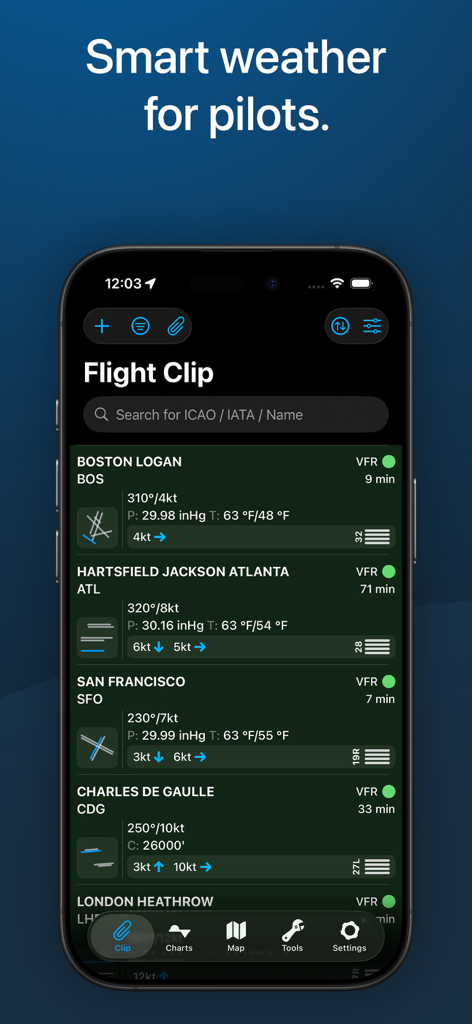 Aviation weather dashboard displaying decoded METAR data and VFR status for major airports