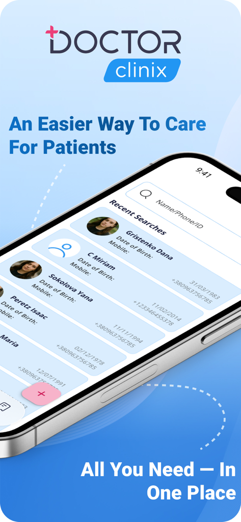 DOCTOR clinix mobile app patient search and records interface