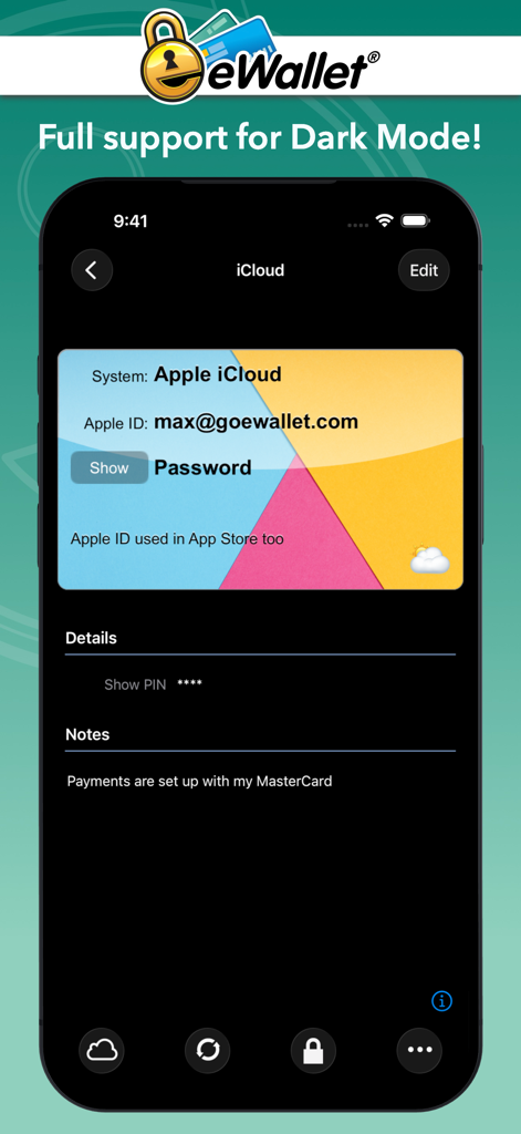 eWallet - Password Manager - Interfaz de la aplicación eWallet en modo oscuro mostrando una tarjeta digital de cuenta de iCloud