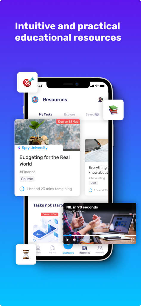 Spry+ - Spry plus app screen showing educational resources and NIL training for student athletes