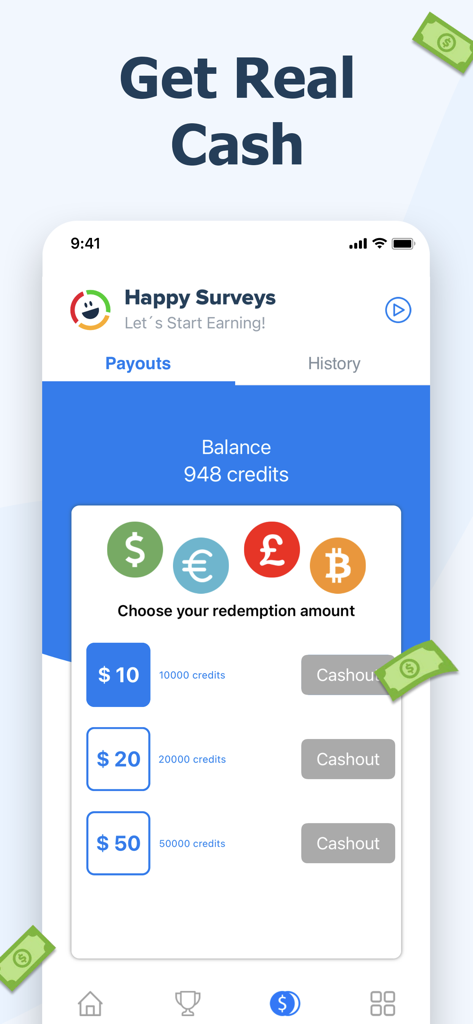Happy Surveys – Easy Cash App - A screenshot of the Happy Surveys app showing the payouts page with options to redeem credits for real cash.