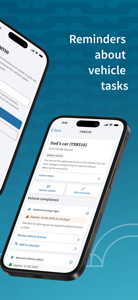 Screenshot of NZTA Waka Kotahi app showing vehicle license and warrant of fitness reminders for a managed car