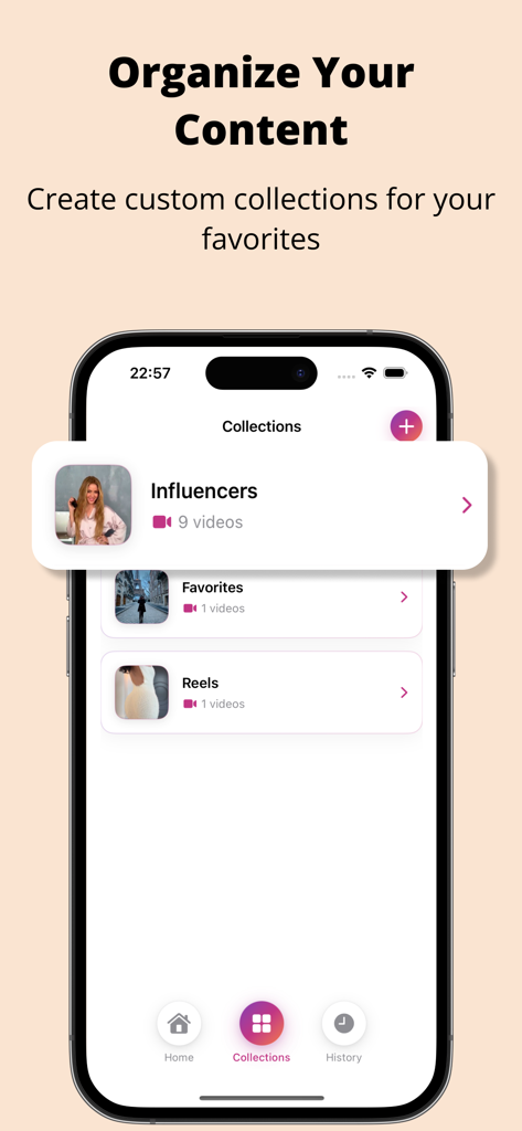 InSave: Reels & Story Bookmark - A smartphone screen displaying the Collections page of the InSave app with organized folders for saved Instagram videos