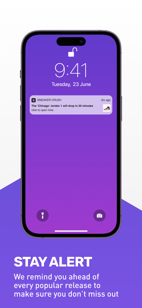 A smartphone lock screen showing a Sneaker Crush push notification for an upcoming Jordan 1 drop with the text Stay Alert