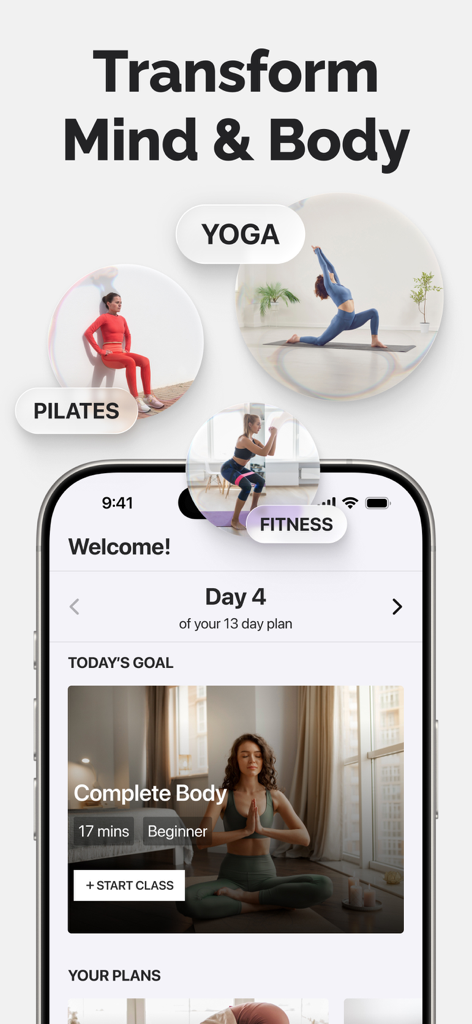 Lotus Flow - Yoga & Workout - Lotus Flow app interface displaying yoga pilates and fitness workout programs on a smartphone