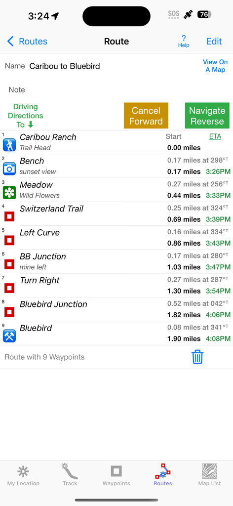 iHikeGPS : Classic Topo Maps - Pantalla de ruta de iHikeGPS que muestra una lista de puntos de referencia con distancias y tiempos estimados de llegada.