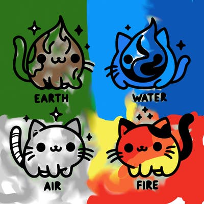 4 cats that represent the different elements, earth, water, air, and fire