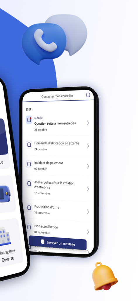 Screenshot of the contact counselor screen in the Mon Espace France Travail app showing a list of notifications and messages