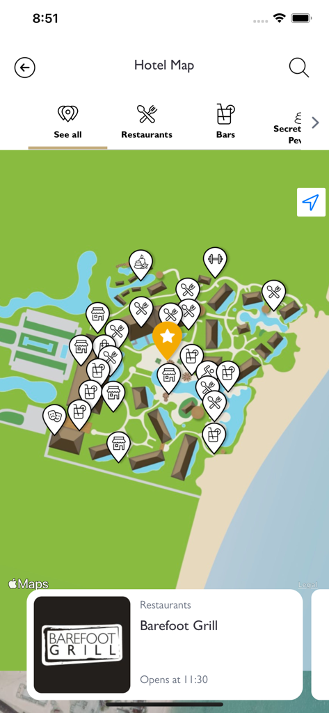 Mapa interativo do hotel dentro do aplicativo Hyatt Inclusive Collection mostrando comodidades do resort e locais de restaurantes