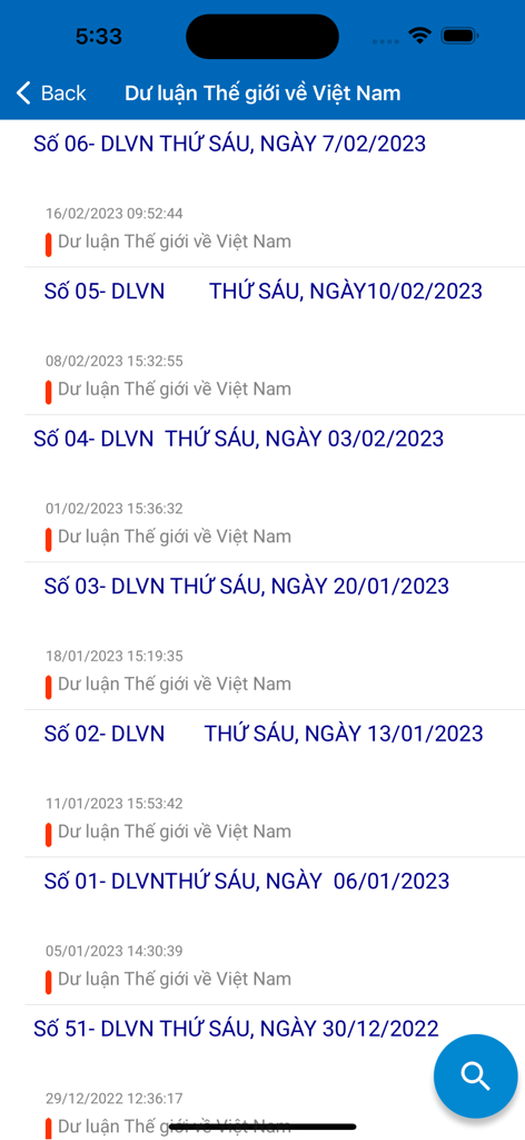 Eine Liste von Ausgaben mit dem Titel Weltmeinung zu Vietnam in der Tin Thong Tan App-Oberfläche