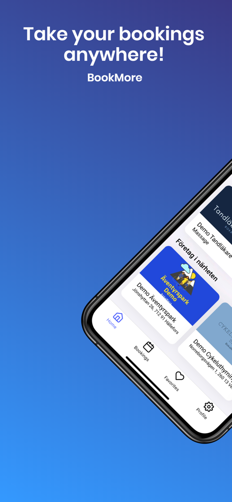 BookMore - BookMore mobile app on an iPhone screen showing various local service providers and a bottom navigation menu.