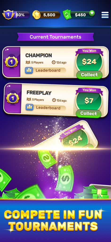 Bingo Stars app screen showing real money tournament wins and falling cash