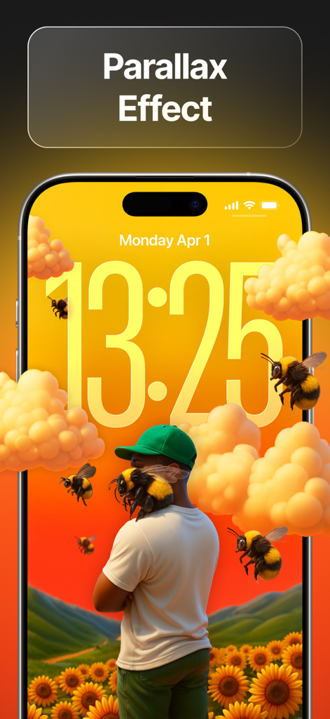 Pantalla de bloqueo de iPhone con un fondo de pantalla con efecto de paralaje 3D con abejas y girasoles