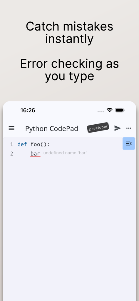 Mobile screen showing real-time error checking in a Python IDE while typing code