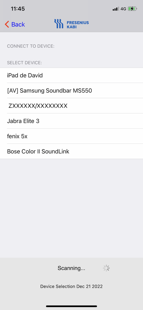 ConoxView - ConoxView app screen for selecting a Bluetooth device to connect with the anesthesia monitor