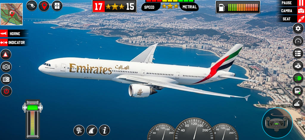 Commercial airplane flying over a city in Flight Simulator Pilot Game 3D