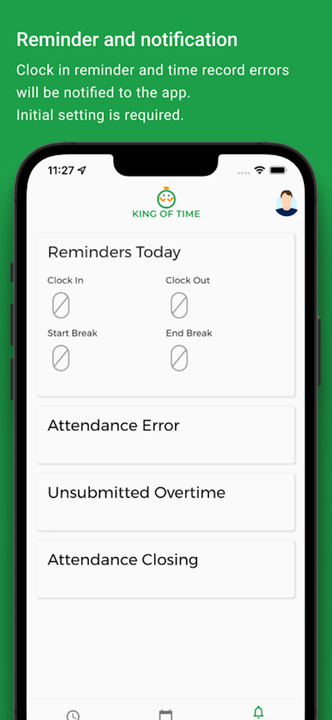 Mobile app interface of King of Time showing daily reminders for clocking in and out and attendance error notifications.