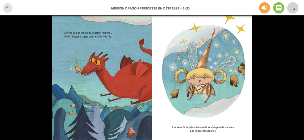 Screenshot of the Storyplayr app showing a French childrens book about a dragon and a fairy