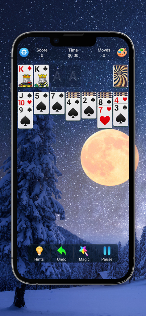 Solitaire, Klondike Card Games - Classic Klondike Solitaire game interface with a serene winter night theme featuring a large full moon and snowy trees