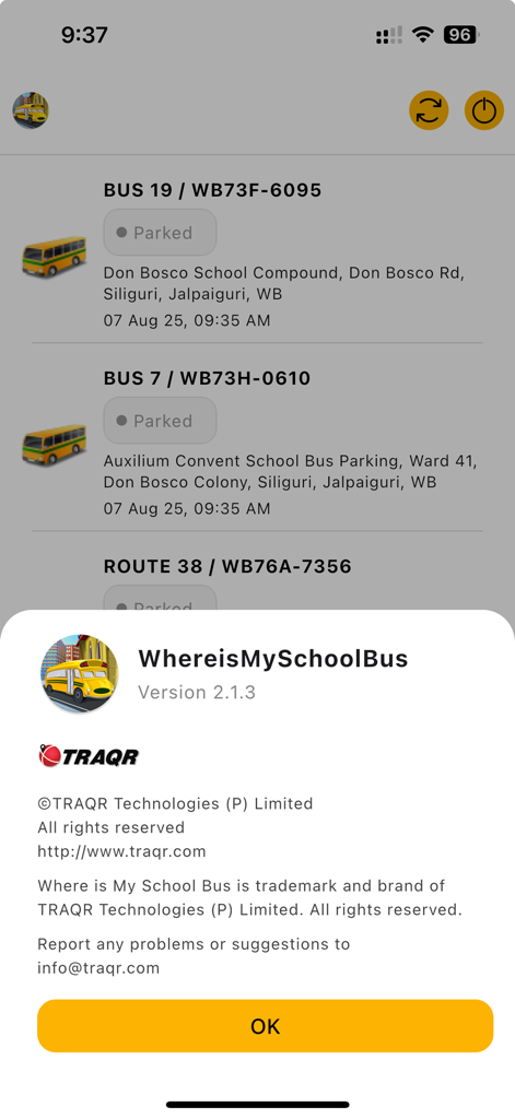 Where is My School Bus - Interface of the Where is My School Bus app showing real-time status and locations of school buses