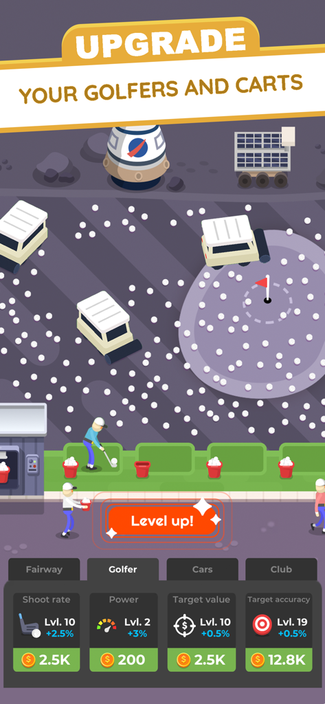 Golf Inc. Tycoon - Una captura de pantalla de Golf Inc. Tycoon que muestra un nivel con temática espacial con un menú para mejorar las estadísticas de los golfistas y los carritos de golf.