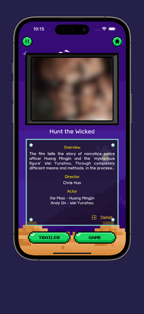 MovieBox - Quiz Your Cine - Film-Detailseite in der MovieBox-App, die die Übersicht und Besetzung des Films "Hunt the Wicked" zeigt