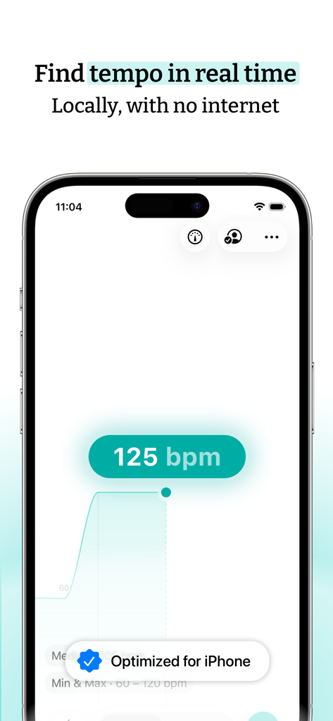 Live BPM Finder - Detect tempo - iPhone-App-Oberfläche zeigt Echtzeit-Tempoerkennung bei 125 BPM ohne Internetverbindung an