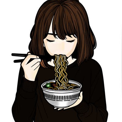 a girl realistic eating ramen noodles