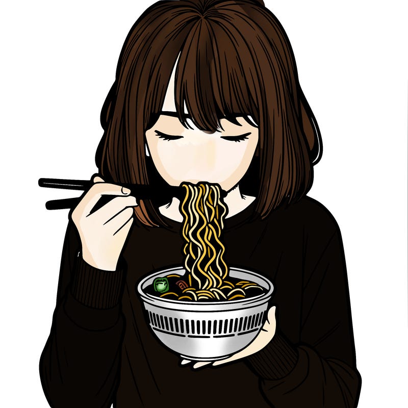 a girl realistic eating ramen noodles