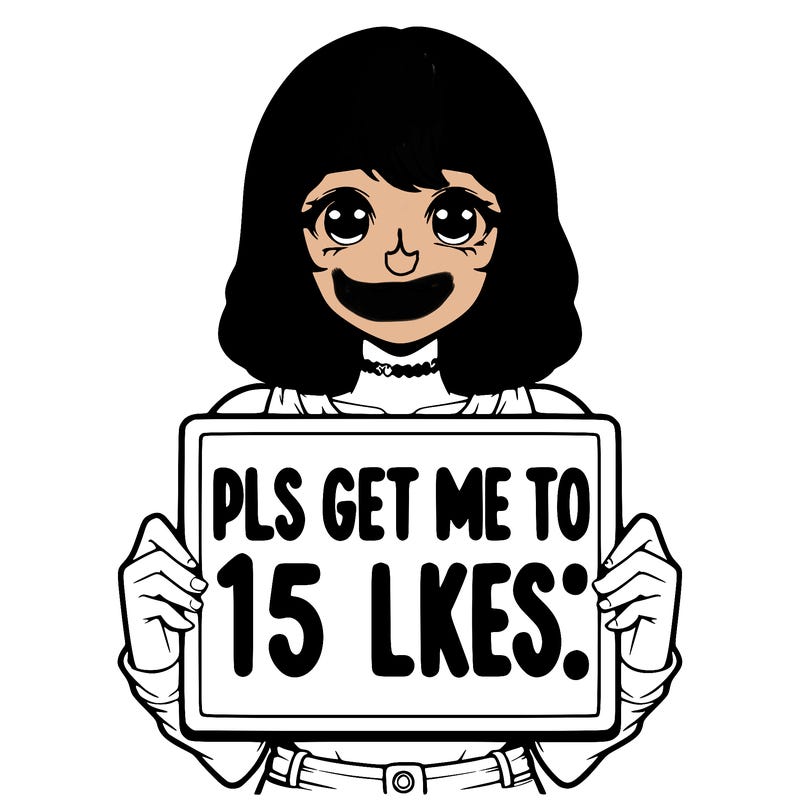 realistic girl holding up a sign that says “pls get me to 15 likes!”