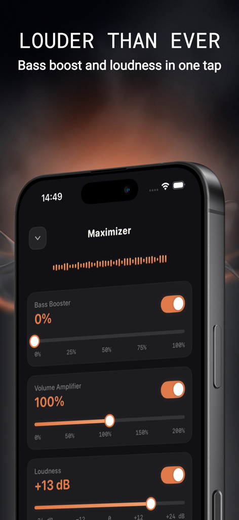 Bass & Volume Booster: Louder - Mobile app screenshot showing the maximizer screen with sliders for bass booster and volume amplifier